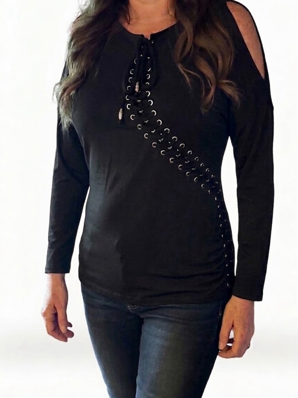 VENUS Black Lace-Up Cold-Shoulder Long Sleeve Top XL